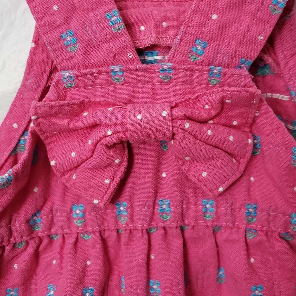 Vintage OshKosh Vestbak Overall Dress 18 month PINK Denim Flower Bow USA 80s